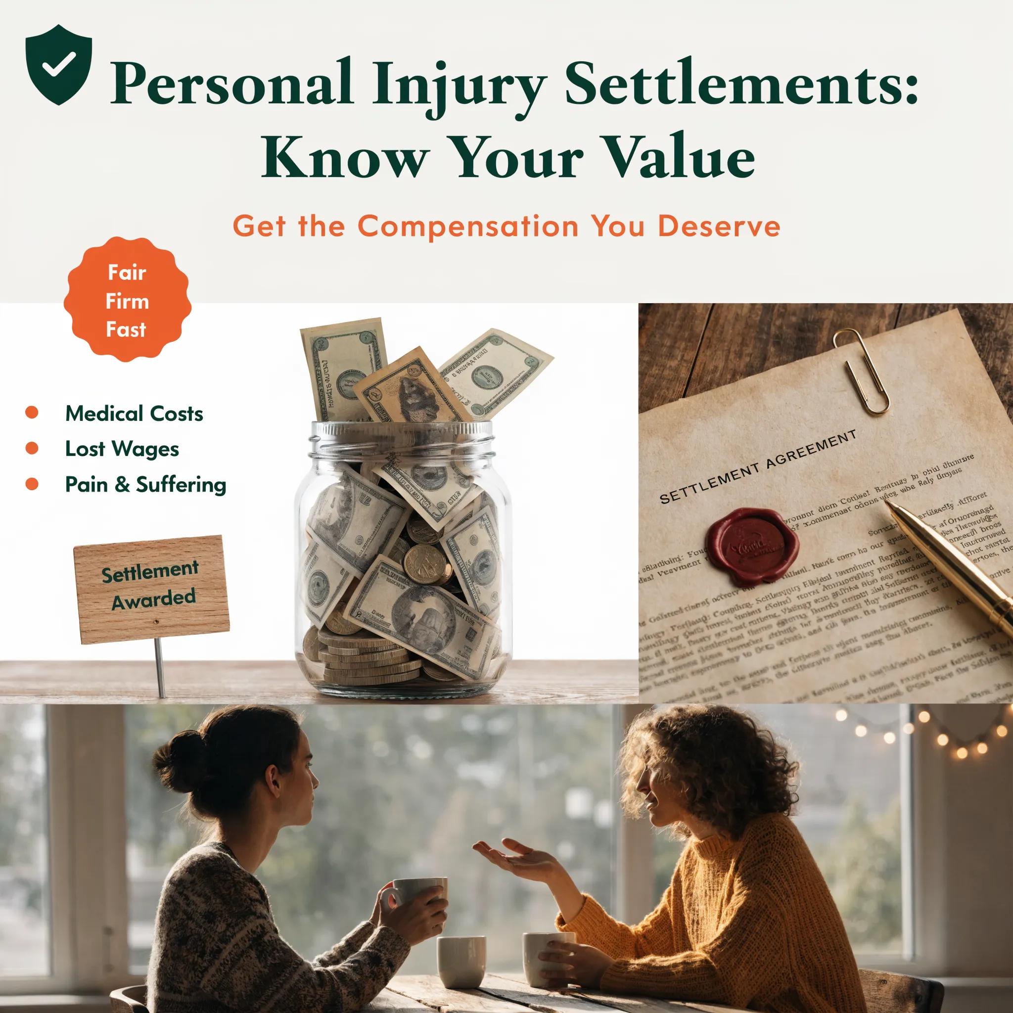 Personal injury settlements: fair compensation, medical costs, lost wages, and settlement awarded.