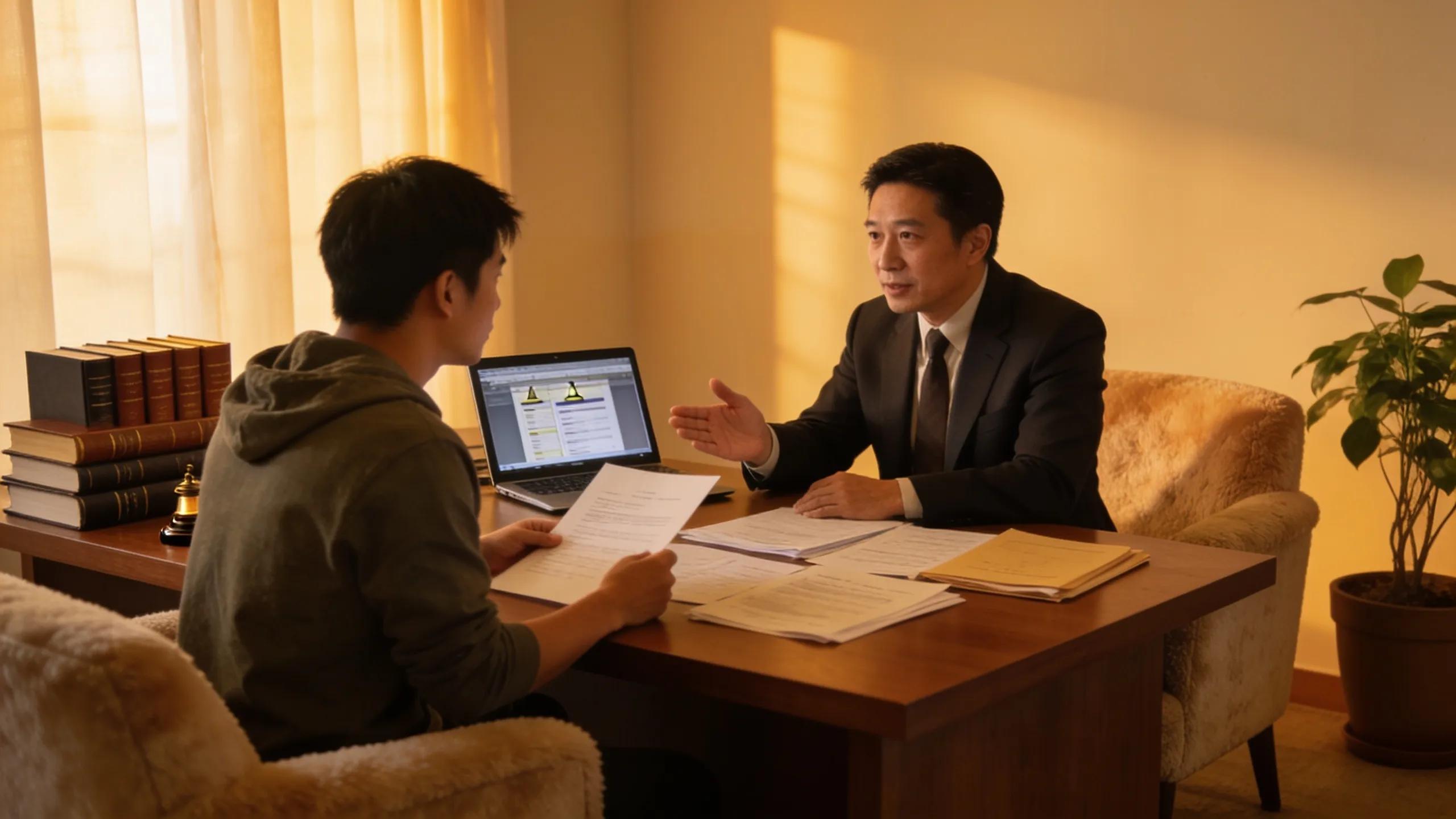 Person consulting with a lawyer emphasizing the navigation of legal processes for injury compensation