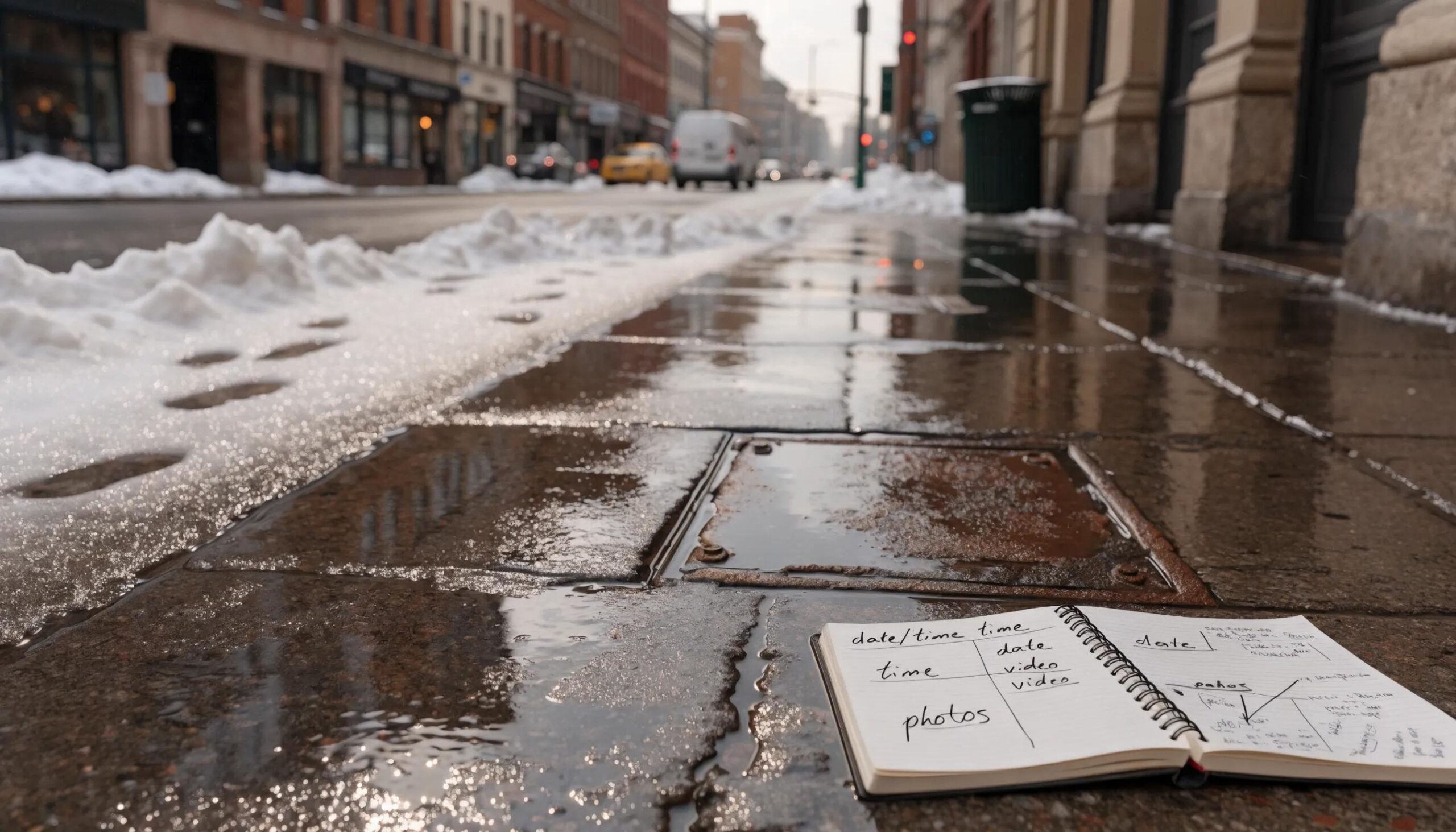 Close-up of winter slip hazards with documenting evidence emphasizing claims for liability